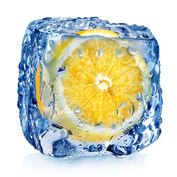 Lemon in ice cube isolated on white