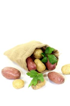 colorful potatoes in a sack on bright background