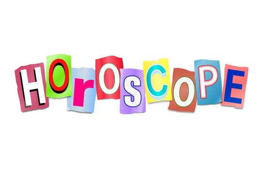 Illustration depicting a set of cut out printed letters arranged to form the word horoscope.