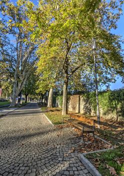 Bench at the promenade in autumn in Carouge city, Geneva, Switzerland