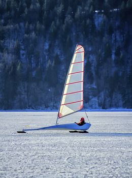 Ice yacht or boat on Joux lake, Vaud, Switzerland