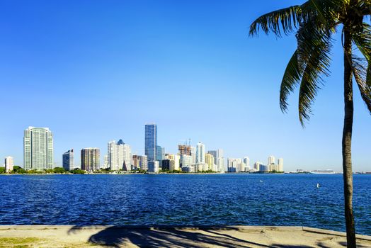 Miami Downtown skyline in daytime with Biscayne Bay.