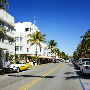 MIAMI BEACH -JANUARY 22. Vintage Car Parked along Ocean Drive in the Famous Art Deco District in South Beach. South Beach, FL, JANUARY 22, 2014. 