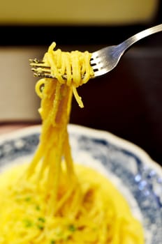 Spaghetti carbonara rolled with fork