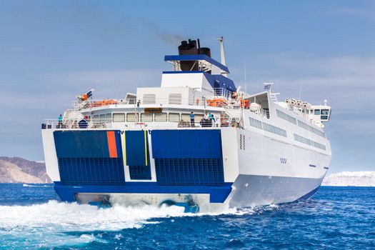 Large ferry boat sailing in Mediterranean sea.