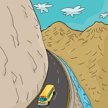 Cartoon of single school bus on winding highway in mountains