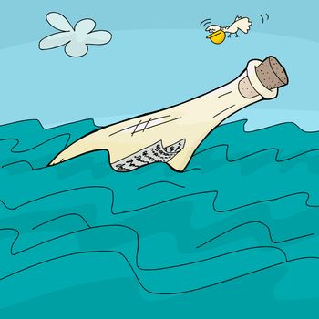 Cartoon message in a bottle floating on waves