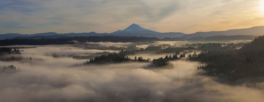 Sunrise over Mount Hood and Foggy Sandy River in Oregon Panorama