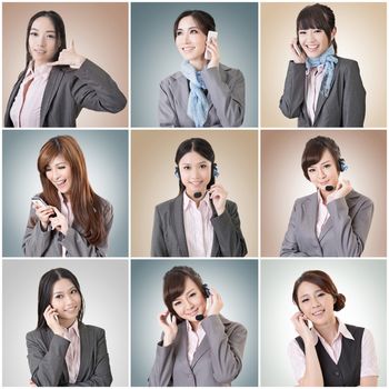 Collection of Asian business woman talk and listen, concept about connect, social media, group, speak etc.