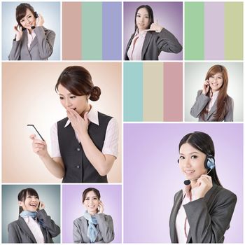 Collection of Asian business woman talk and listen, concept about connect, social media, group, speak etc.