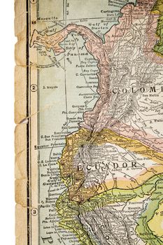 Colombia and Ecuador  on vintage 1920s map, selective focus (printed in 1926  - copyrights expired)