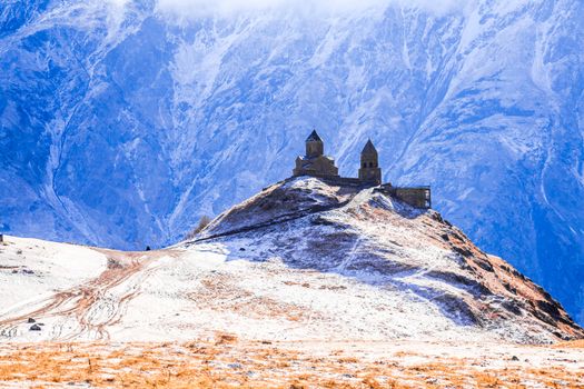 Gergeti Monastery is on the mt. kazbek near the town of Stepantsminda in Georgia