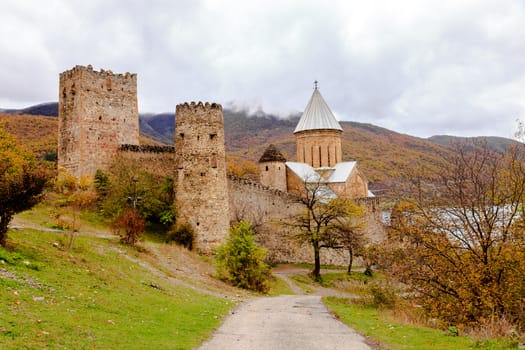 Ananuri Fortress is a medieval fortress located near Georgian Military Road north of Mtskheta, Georgia