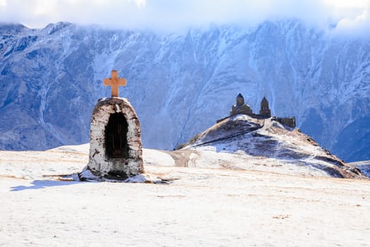 Gergeti Sameba Church is on the mt. kazbek near the town of Stepantsminda in Georgia