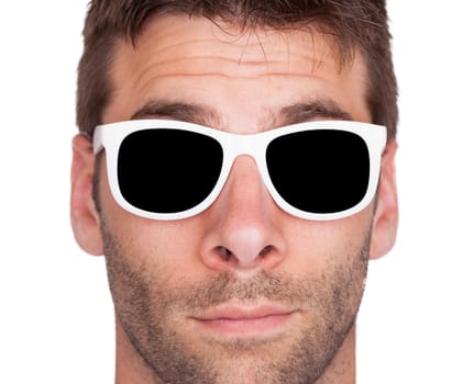 Close-up of a man wearing white sunglasses, isolated on white