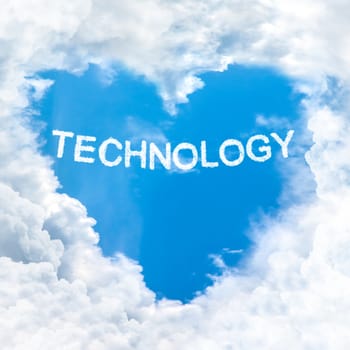 technology word nature on blue sky inside love heart cloud form