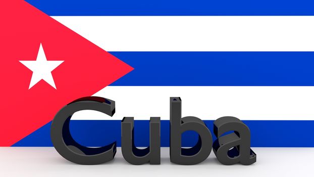 Writing Cuba made of dark metal in front of a cuban flag