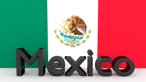 Writing Mexico made of dark metal in front of a mexican flag