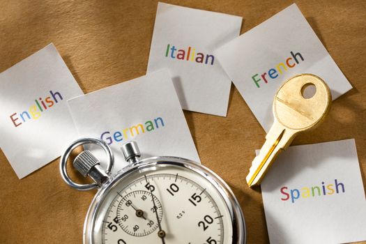 Cards with different languages, stopwatch and key