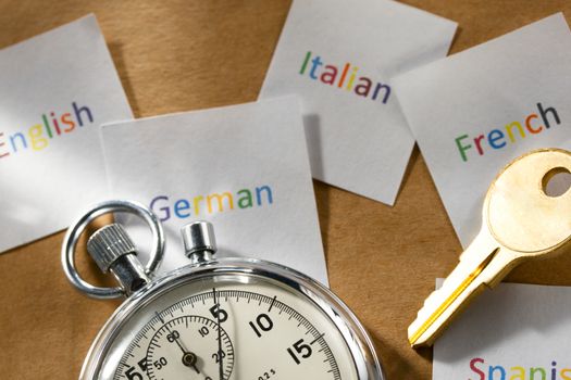 Cards with different languages, stopwatch and key