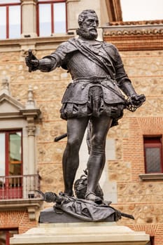 Bronze Statue Don Alvaro de Bazan, Famous Admiral, Plaza de la Villa, Madrid Spain. Statue in front of Casa de Cisneros, created in 1891 by sculptor Mariano Benlliure