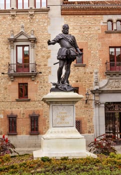 Bronze Statue Don Alvaro de Bazan, Famous Admiral, Plaza de la Villa, Madrid Spain. Statue in front of Casa de Cisneros, created in 1891 by sculptor Mariano Benlliure