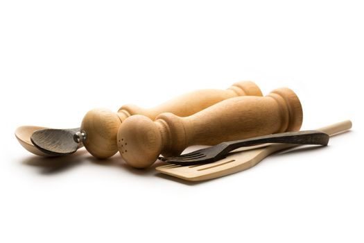 Wooden salt and pepper set with kitchen utensils