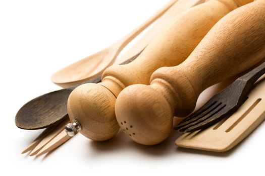 Wooden salt and pepper set with kitchen utensils