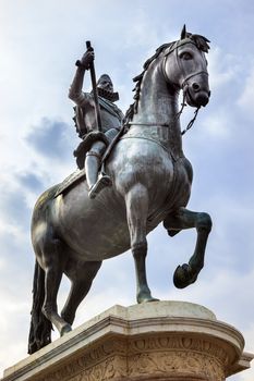 Plaza Mayor Built in the 1617 Famous Square Cityscape Madrid Spain. King Philip III Equestrian Statue created in 1616 by Sculptors Gambologna and Pietro Tacca