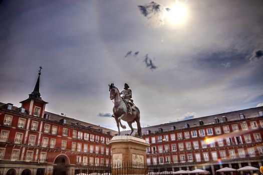 Plaza Mayor Built in the 1617 Famous Square Cityscape Madrid Spain. King Philip III Equestrian Statue, created in 1616 by Sculptors Gambologna and Pietro Tacca