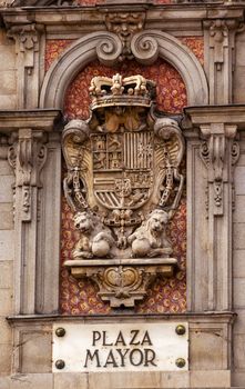 Plaza Mayor Royal Symbol Sign Built in the 1617 Famous Square Cityscape Madrid Spain. 