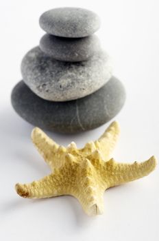 pile of stones and sea star closeup on white background