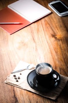 Coffee cup and coffee beans, vintage style