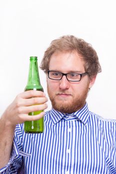 Bearded man with a bottle of beer - studio shoot 