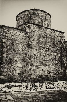 Back side of an old abandoned monastery in Greece - Black and White