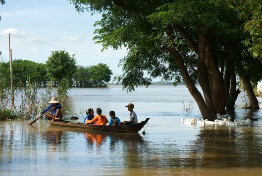  MEKONG DELTA, VIET NAM- SEPT 19: Group of child sitting on row boat, man rowing on river, flock of duck, tree in flood season, beautiful landscape of Vietnamese countryside, Vietnam, Sept 19, 2014 