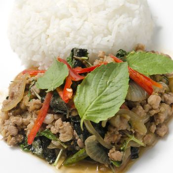 Thai main food Rice topped with stir-fried pork and basil