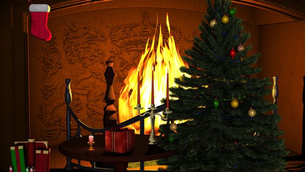 A Christmas tree with gifts and candles near fireplace 