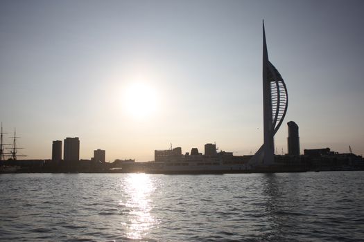 The tall white spinnaker tower overlooking portsmouth harbour in the solent