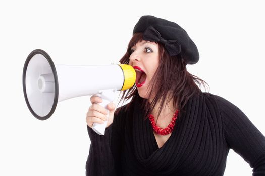 Young Woman with Hat Yelling in Megaphone - Isolated on White