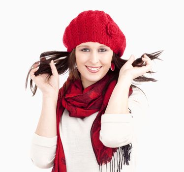 Young Woman in Red Cap and Scarf Smiling - Isolated on White