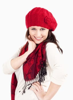 Young Woman in Red Cap and Scarf Smiling - Isolated on White