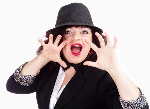 Young Woman in Hat Posing Hands as Claws - Isolated on White