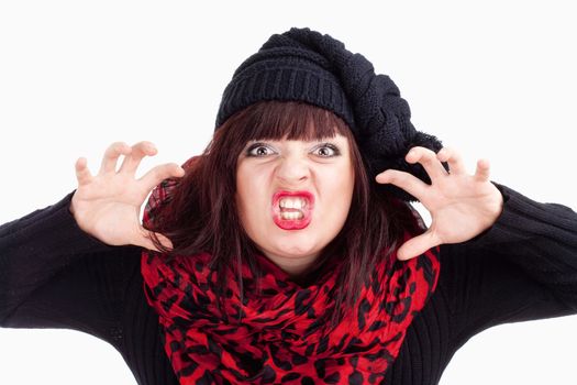 Young Woman in Cap Posing Hands as Claws - Isolated on White