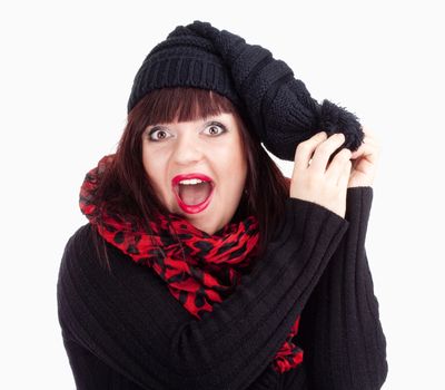 Surprised Woman in Black Cap and Red Scarf - Isolated on White