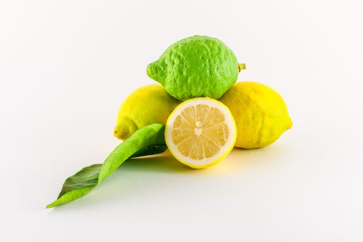 Fresh lemons yellow and green on white background