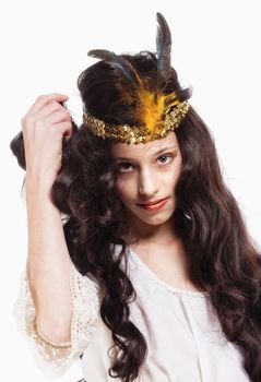 Portrait of a Young Girl Wearing a Diadem with Feathers