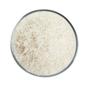 White rice in glass bowl isolated on white background.