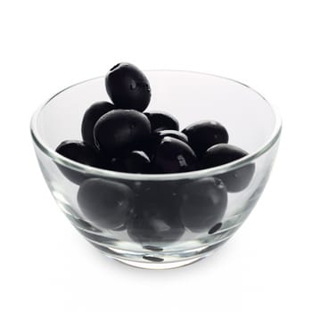 Black olives in a bowl isolated on white background.
