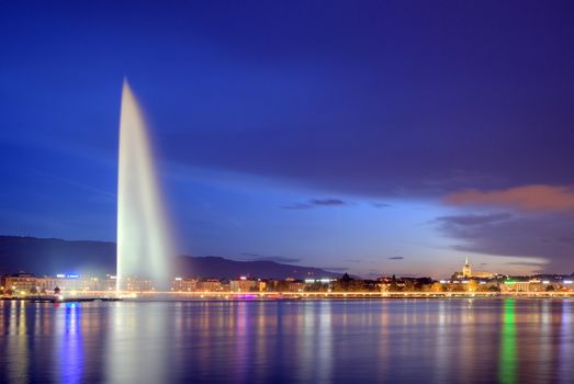 Geneva, Switzerland, October 12, 2014 : famous fountain and lakeside, HDR